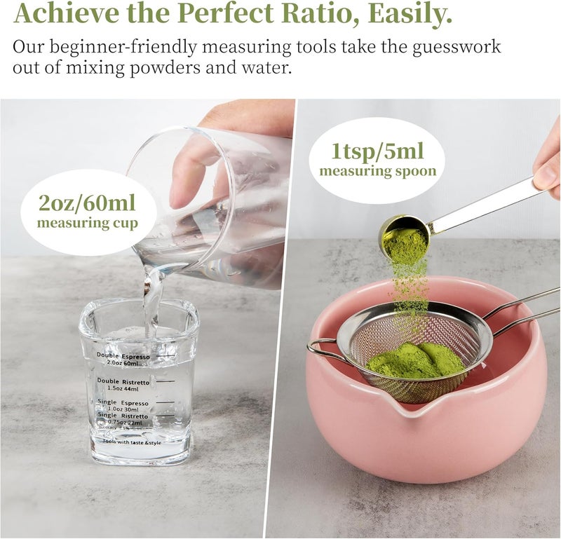 YIBO Matcha Whisk Set Pink, Handcrafted Bamboo Chasen & Ceramic Bowl Matcha Kit, Holder, Stainless Steel Sifter, Scoop Measuring Spoon & Cup Tools for Matcha Tea Ceremony - Image 3